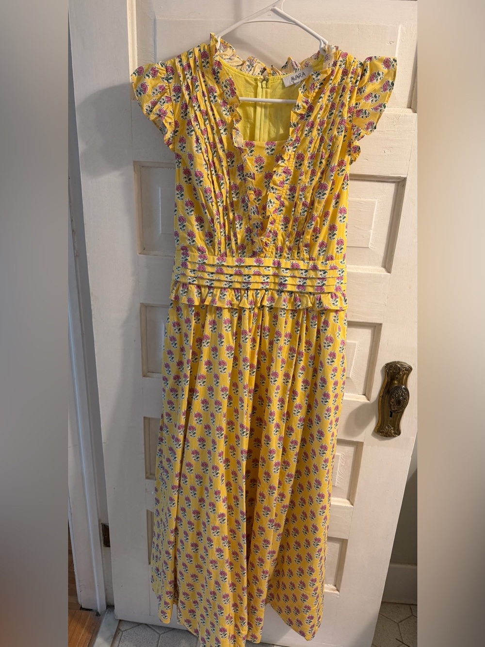 NWOT Sold Put Magdalen Yellow Floral Maxi Dress with Ruffle Shoulders